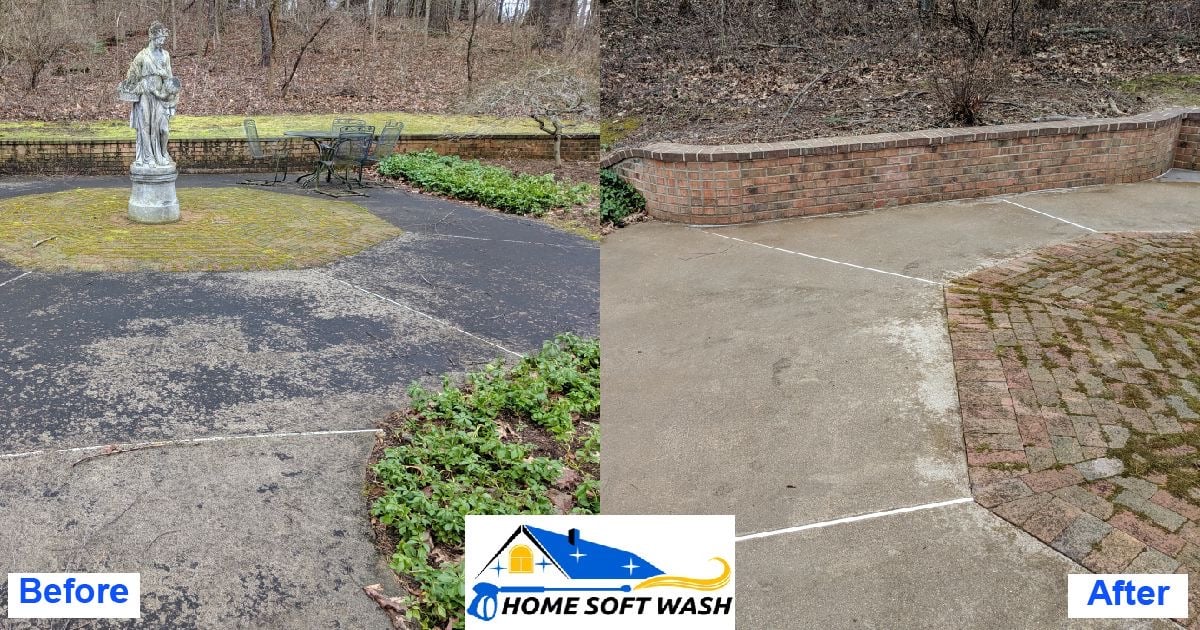 black dirt and grime on concrete patio next to concrete patio fully clean