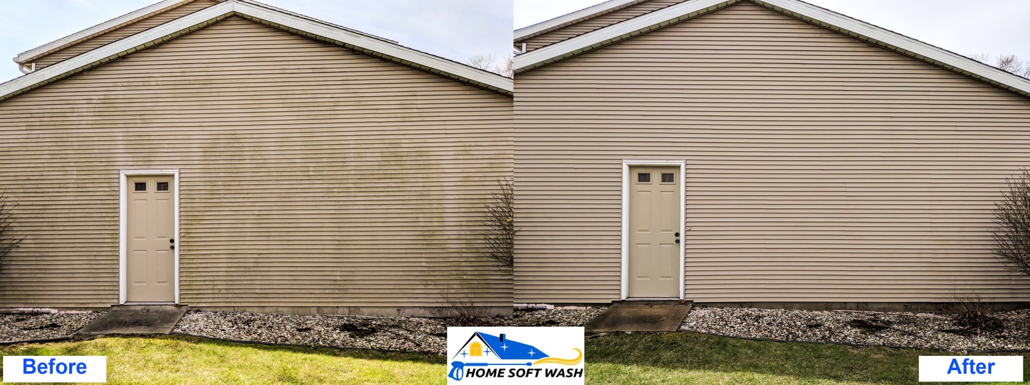algae green covering vinyl home siding next to after photo of clean siding