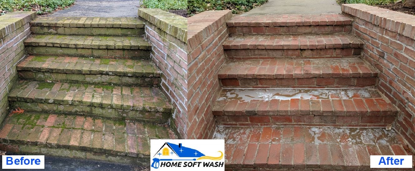 moss covered brick stairs compared to clean safe brick stairs